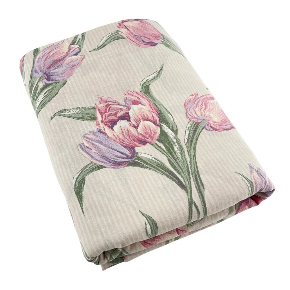 80s Cottagecore Tulip Floral Stripe King Flat Sheet 1980s Vintage